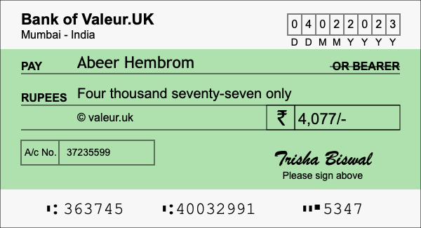 How to write a cheque for 4,077 rupees