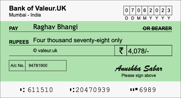 How to write a cheque for 4,078 rupees