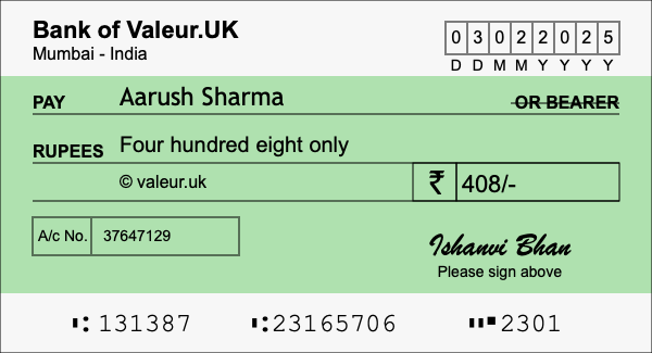 How to write a cheque for 408 rupees