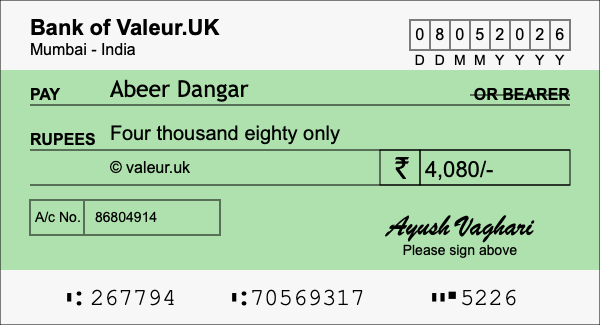 How to write a cheque for 4,080 rupees