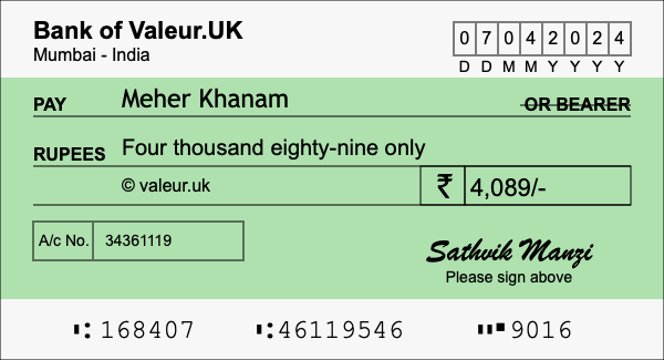 How to write a cheque for 4,089 rupees