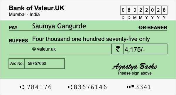 How to write a cheque for 4,175 rupees
