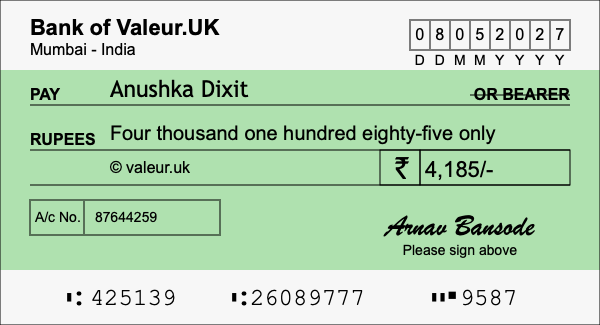 How to write a cheque for 4,185 rupees