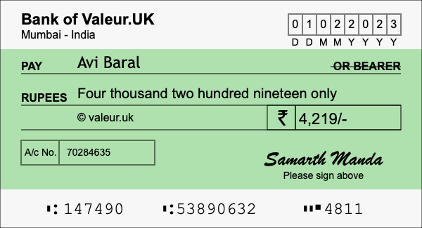 How to write a cheque for 4,219 rupees