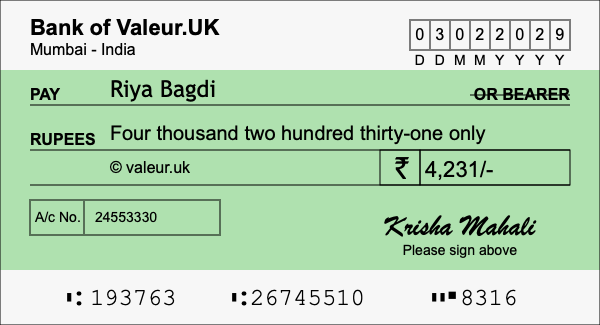 How to write a cheque for 4,231 rupees