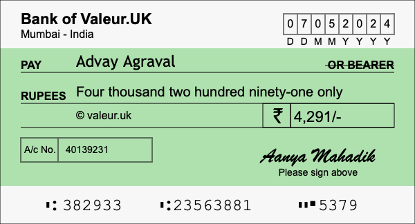 How to write a cheque for 4,291 rupees