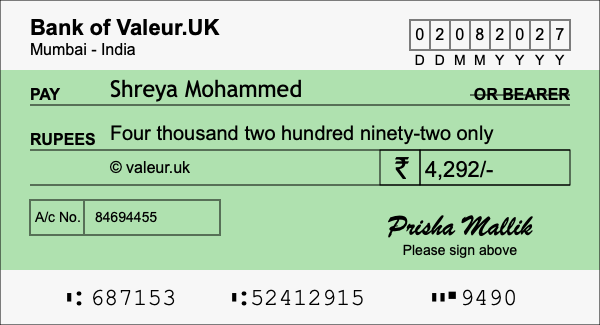 How to write a cheque for 4,292 rupees