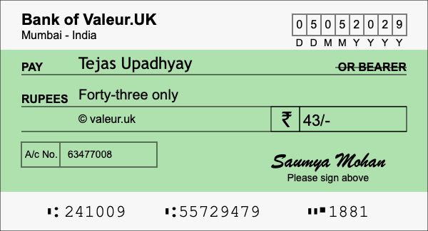 How to write a cheque for 43 rupees