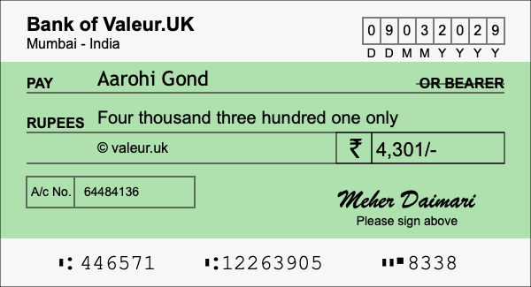 How to write a cheque for 4,301 rupees