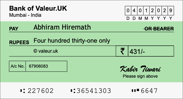 How to write a cheque for 431 rupees