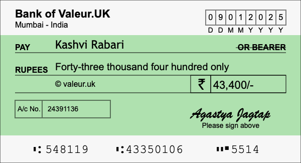 How to write a cheque for 43,400 rupees How to write a cheque for 43,400 rupees