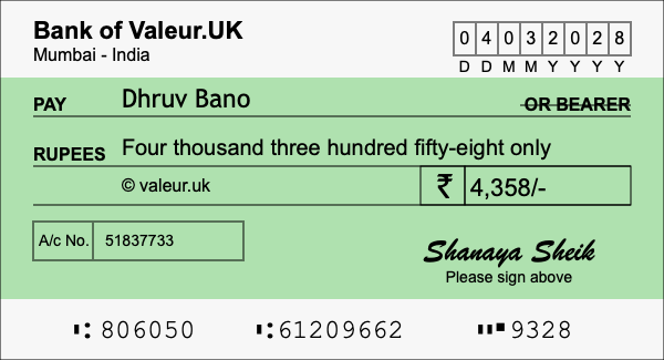 How to write a cheque for 4,358 rupees
