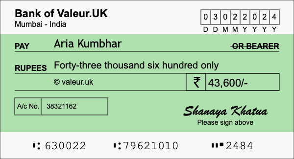 How to write a cheque for 43,600 rupees
