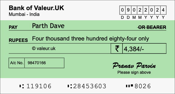 How to write a cheque for 4,384 rupees