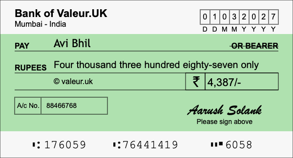 How to write a cheque for 4,387 rupees