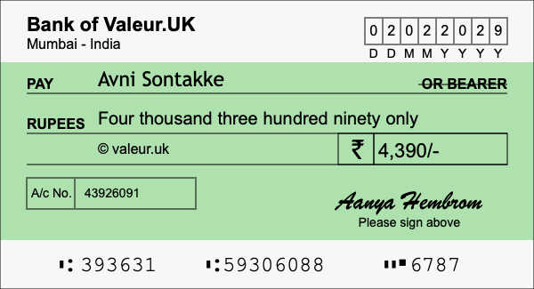 How to write a cheque for 4,390 rupees