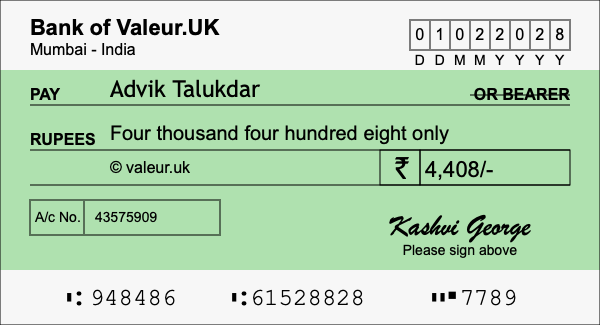 How to write a cheque for 4,408 rupees