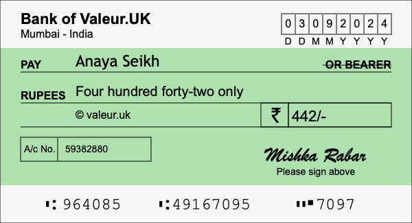 How to write a cheque for 442 rupees