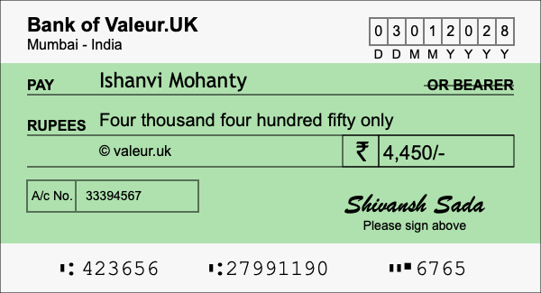 How to write a cheque for 4,450 rupees How to write a cheque for 4,450 rupees