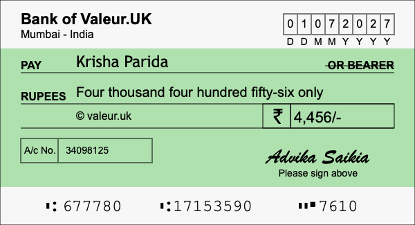 How to write a cheque for 4,456 rupees How to write a cheque for 4,456 rupees