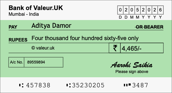 How to write a cheque for 4,465 rupees