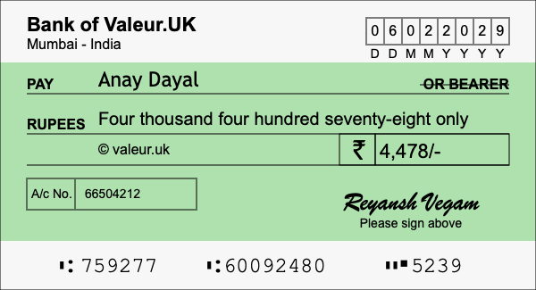 How to write a cheque for 4,478 rupees How to write a cheque for 4,478 rupees