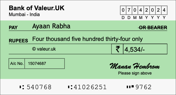 How to write a cheque for 4,534 rupees