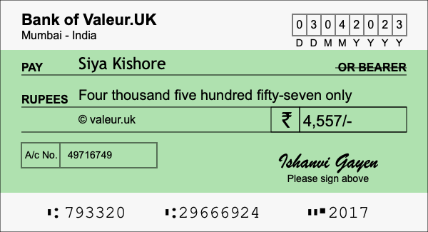 How to write a cheque for 4,557 rupees