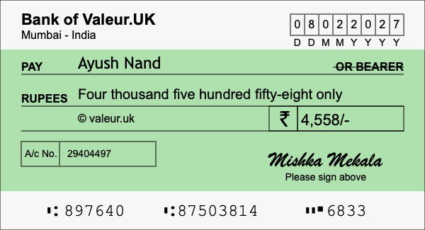How to write a cheque for 4,558 rupees How to write a cheque for 4,558 rupees