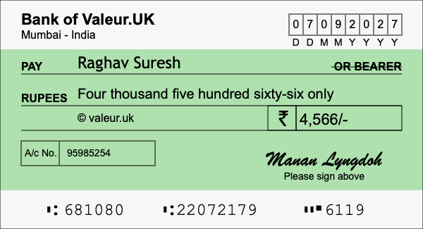 How to write a cheque for 4,566 rupees