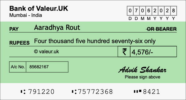 How to write a cheque for 4,576 rupees