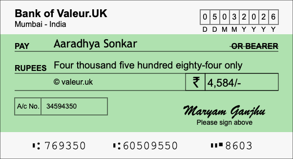 How to write a cheque for 4,584 rupees
