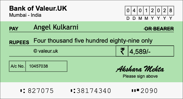 How to write a cheque for 4,589 rupees