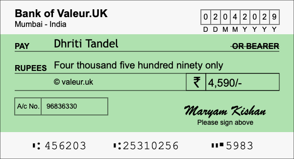 How to write a cheque for 4,590 rupees