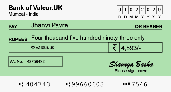 How to write a cheque for 4,593 rupees