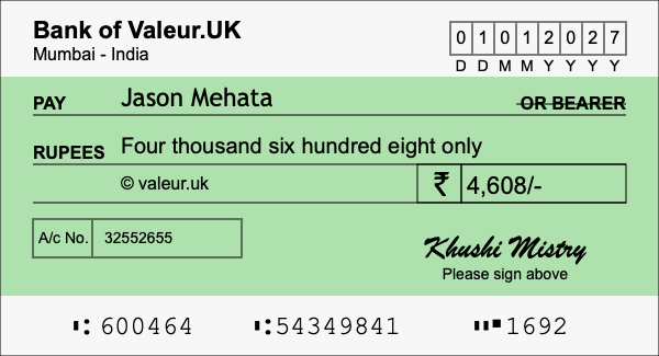 How to write a cheque for 4,608 rupees How to write a cheque for 4,608 rupees