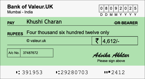 How to write a cheque for 4,612 rupees