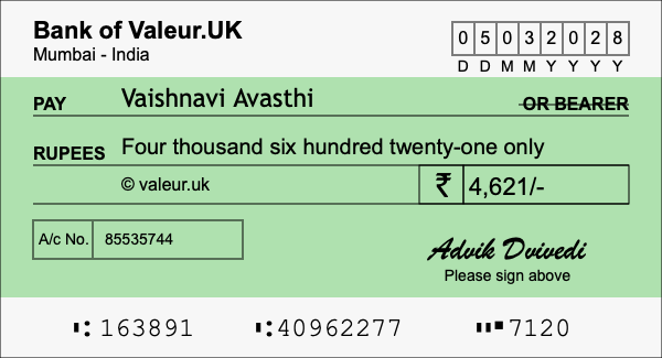 How to write a cheque for 4,621 rupees