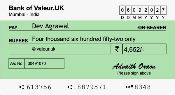 How to write a cheque for 4,652 rupees