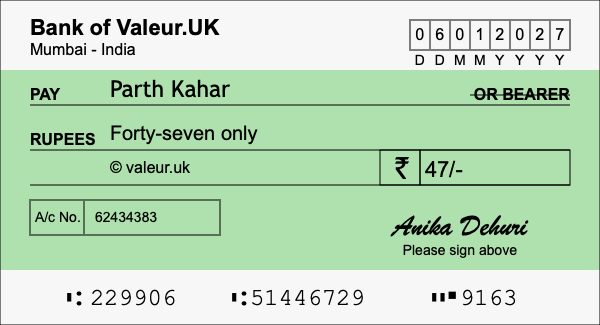 How to write a cheque for 47 rupees