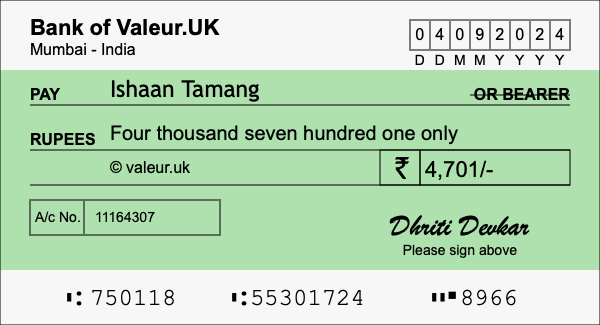 How to write a cheque for 4,701 rupees