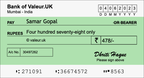 How to write a cheque for 478 rupees