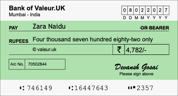 How to write a cheque for 4,782 rupees