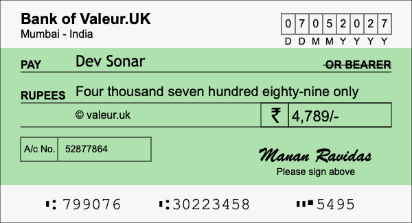 How to write a cheque for 4,789 rupees