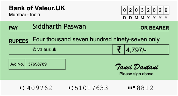 How to write a cheque for 4,797 rupees