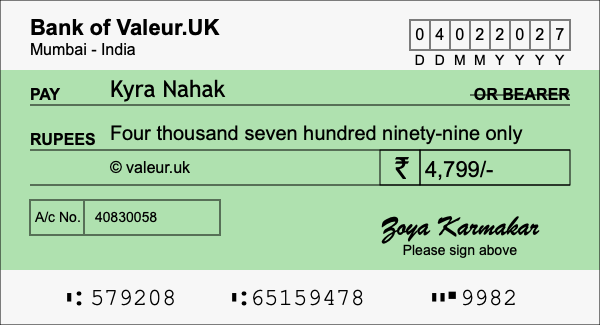 How to write a cheque for 4,799 rupees