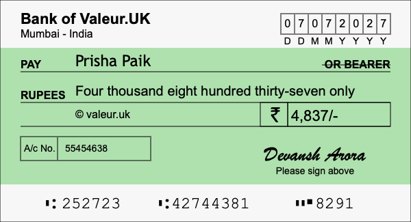 How to write a cheque for 4,837 rupees