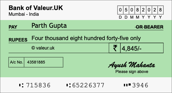 How to write a cheque for 4,845 rupees