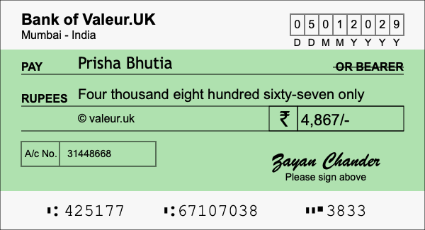 How to write a cheque for 4,867 rupees