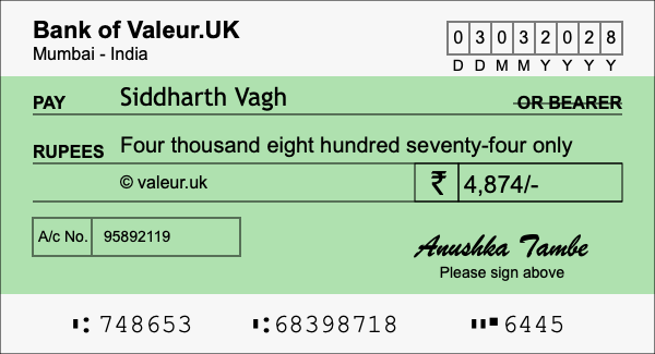 How to write a cheque for 4,874 rupees